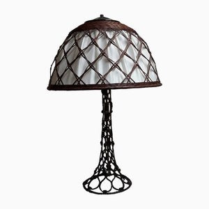 Large Vintage Table Lamp with a Metal Foot in a Braided Look and a Fabric -Related Pipe Mesh Screen, 1980s-HOI-1743101