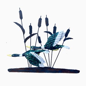 Large Vintage Wrought Metal Wall Sculpture with Birds, 1970s-WZZ-946546