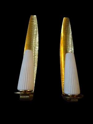 Large Wall Lamps in Hammered Brass, 1950s, Set of 2-FPY-1408539