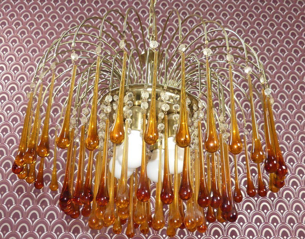 Large Waterfall Chandelier with Glass Drops, 1970s