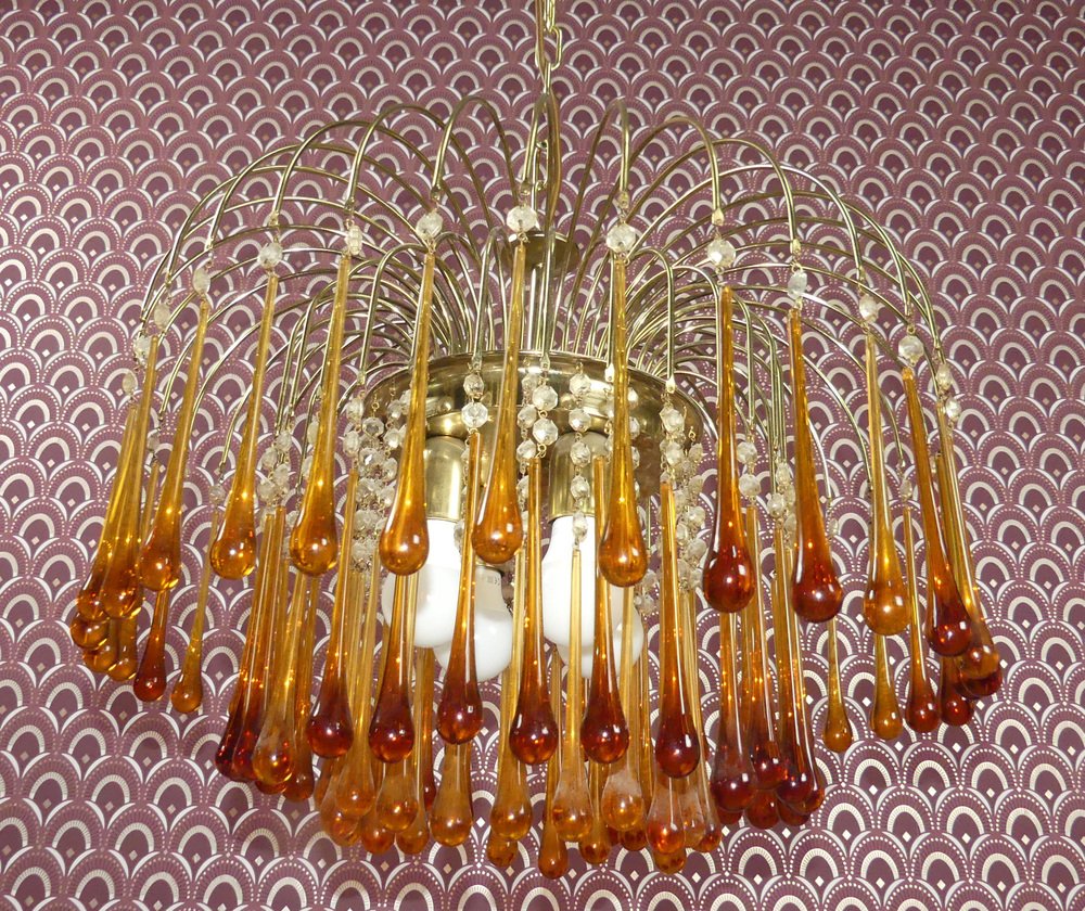 Large Waterfall Chandelier with Glass Drops, 1970s