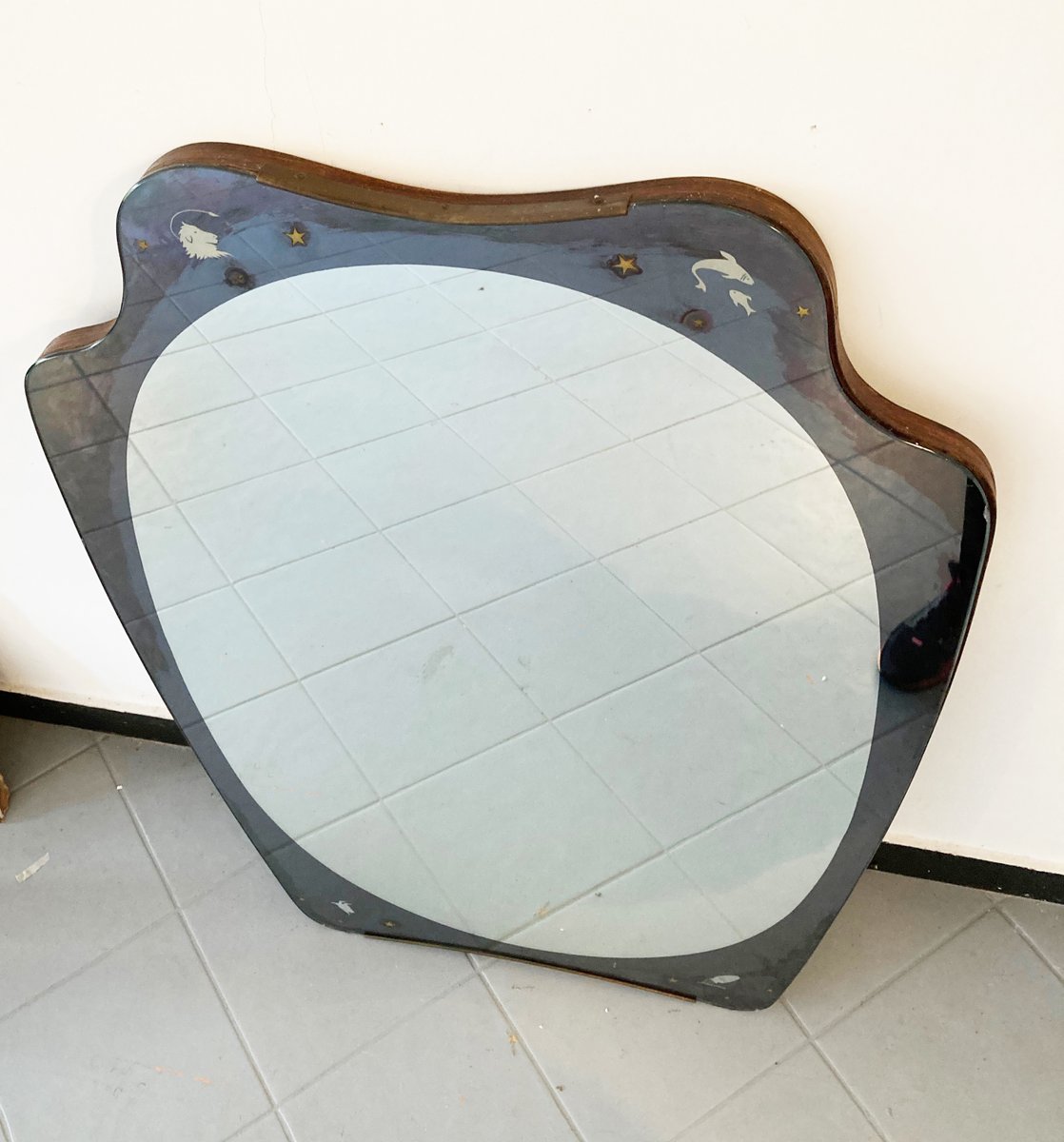 Large Wavy-Shaped Mirror with Zodiac Symbols Sandblasted in the Corners, 1960s