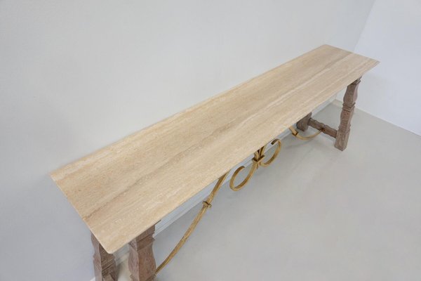 Large Wood and Travertine Console, 1940s-FGA-1817140