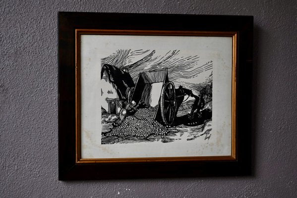 Large Woodcut Peasant Scene, 1890s, Glass & Wood & Paper-AIU-2016619