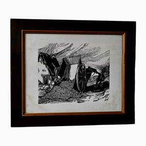 Large Woodcut Peasant Scene, 1890s, Glass & Wood & Paper-AIU-2016619