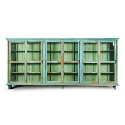 Large Wooden Display Case with Turquoise Patina, 1940s