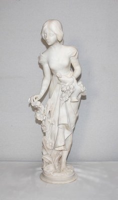 Large Young Girl with Basket of Flowers Alabaster Sculpture, 1900-RVK-1054008