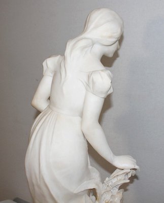 Large Young Girl with Basket of Flowers Alabaster Sculpture, 1900-RVK-1054008