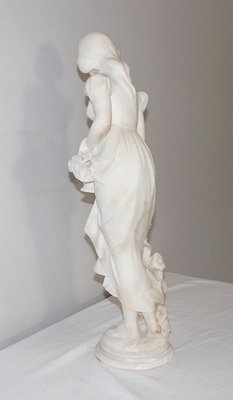 Large Young Girl with Basket of Flowers Alabaster Sculpture, 1900-RVK-1054008