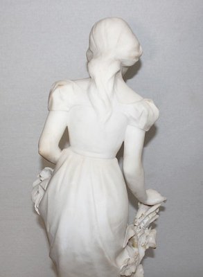 Large Young Girl with Basket of Flowers Alabaster Sculpture, 1900-RVK-1054008