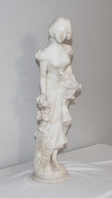 Large Young Girl with Basket of Flowers Alabaster Sculpture, 1900-RVK-1054008