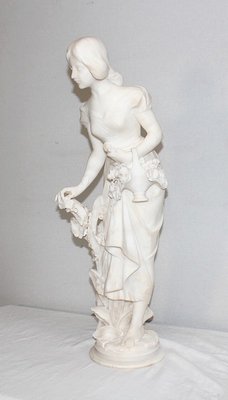 Large Young Girl with Basket of Flowers Alabaster Sculpture, 1900-RVK-1054008