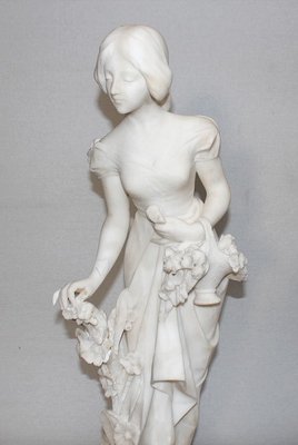 Large Young Girl with Basket of Flowers Alabaster Sculpture, 1900-RVK-1054008