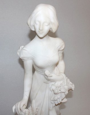 Large Young Girl with Basket of Flowers Alabaster Sculpture, 1900-RVK-1054008