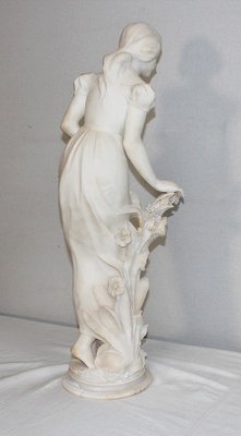 Large Young Girl with Basket of Flowers Alabaster Sculpture, 1900-RVK-1054008