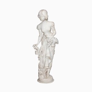 Large Young Girl with Basket of Flowers Alabaster Sculpture, 1900-RVK-1054008