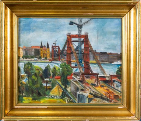 Laszlone Sopronyi, The Building of the Elisabeth Bridge, 1963, Oil on Canvas-QOR-2026938