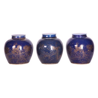 Late-18th Century Chinese Blue-Glazed & Gilt Porcelain Ginger Jars, Set of 3-MBH-1032314