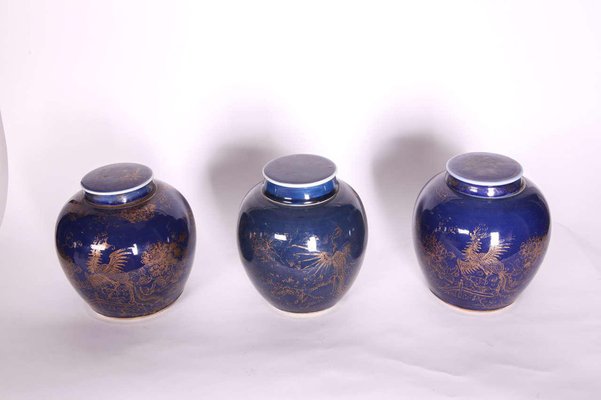 Late-18th Century Chinese Blue-Glazed & Gilt Porcelain Ginger Jars, Set of 3-MBH-1032314