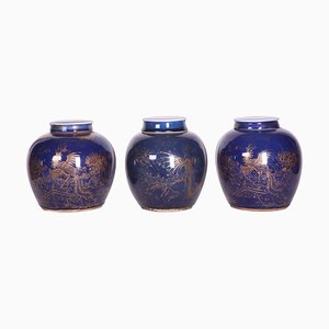 Late-18th Century Chinese Blue-Glazed & Gilt Porcelain Ginger Jars, Set of 3-MBH-1032314