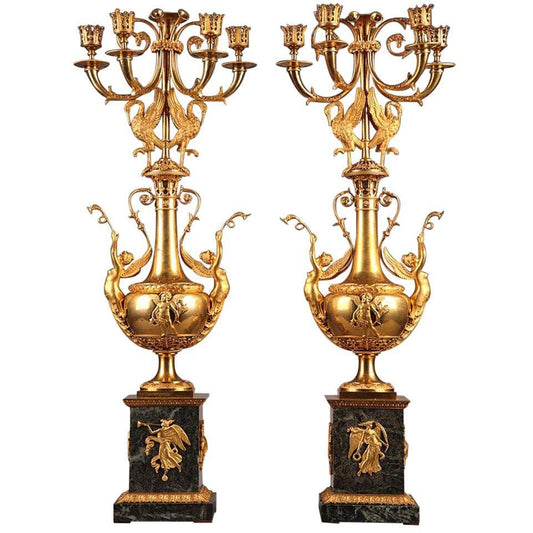 Late 18th Century Gilt Bronze and Marble Candelabra, Set of 2