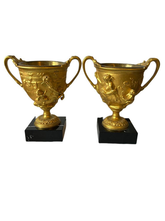 Late 19th Century Bronze Vase Holders with Black Marble Base Container, France, Set of 2