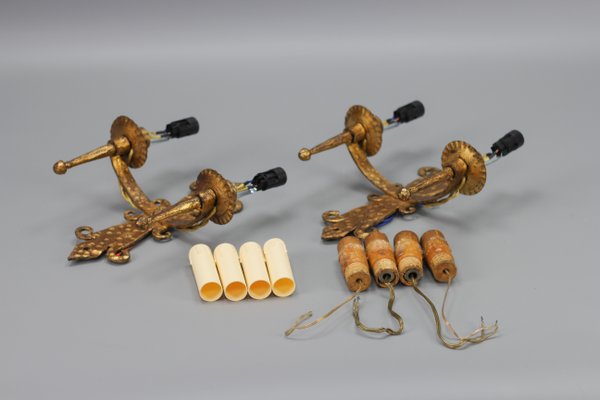 Late 19th Century French Gilt Wrought Iron Sconces, 1890s, Set of 2-KEG-1395398