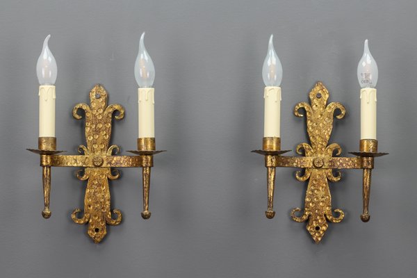 Late 19th Century French Gilt Wrought Iron Sconces, 1890s, Set of 2-KEG-1395398