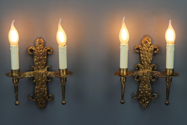 Late 19th Century French Gilt Wrought Iron Sconces, 1890s, Set of 2-KEG-1395398