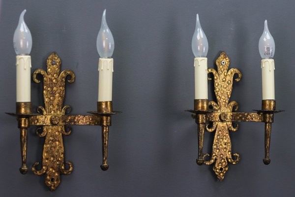 Late 19th Century French Gilt Wrought Iron Sconces, 1890s, Set of 2-KEG-1395398