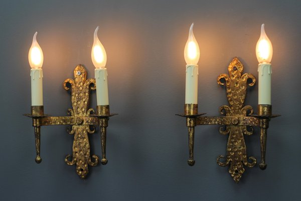 Late 19th Century French Gilt Wrought Iron Sconces, 1890s, Set of 2-KEG-1395398