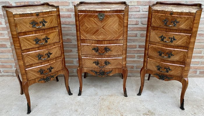 Late 19th Century French Louis XV Style Marquetry & Marble Chests of Drawers, Set of 2-NOU-1245312