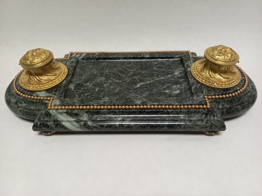 Late 19th Century Inkwell in Gilded Bronze & Green Marble-AWH-1360465