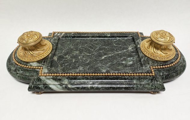 Late 19th Century Inkwell in Gilded Bronze & Green Marble-AWH-1360465