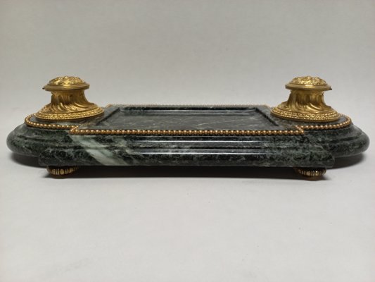 Late 19th Century Inkwell in Gilded Bronze & Green Marble-AWH-1360465