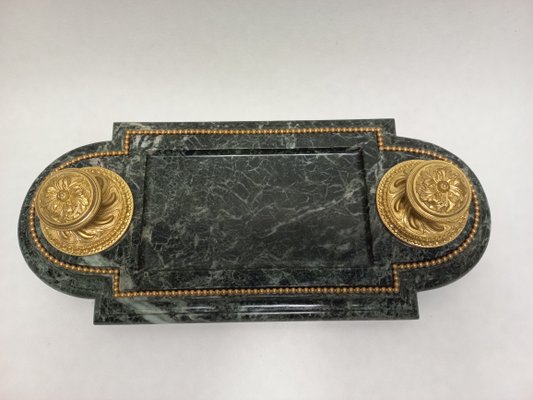 Late 19th Century Inkwell in Gilded Bronze & Green Marble-AWH-1360465