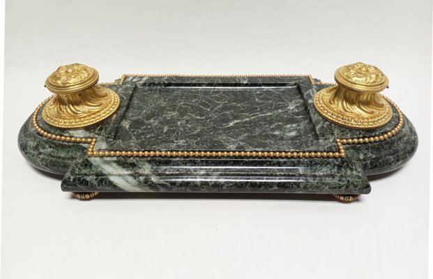 Late 19th Century Inkwell in Gilded Bronze & Green Marble-AWH-1360465