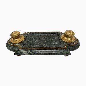 Late 19th Century Inkwell in Gilded Bronze & Green Marble-AWH-1360465