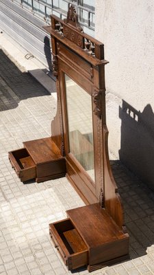 Late-19th Century Italian Veneered Walnut Stand Mirror with Drawers & Selvage-RAQ-1385781