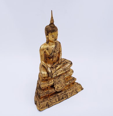 Late 19th Century Thai Gilt Bronze Seated Earth Touching Buddha Figure-NYF-2019215