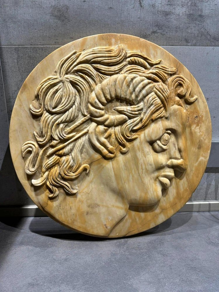 Late 19th Century Yellow Siena Marble Round of Alexander the Great Ammon