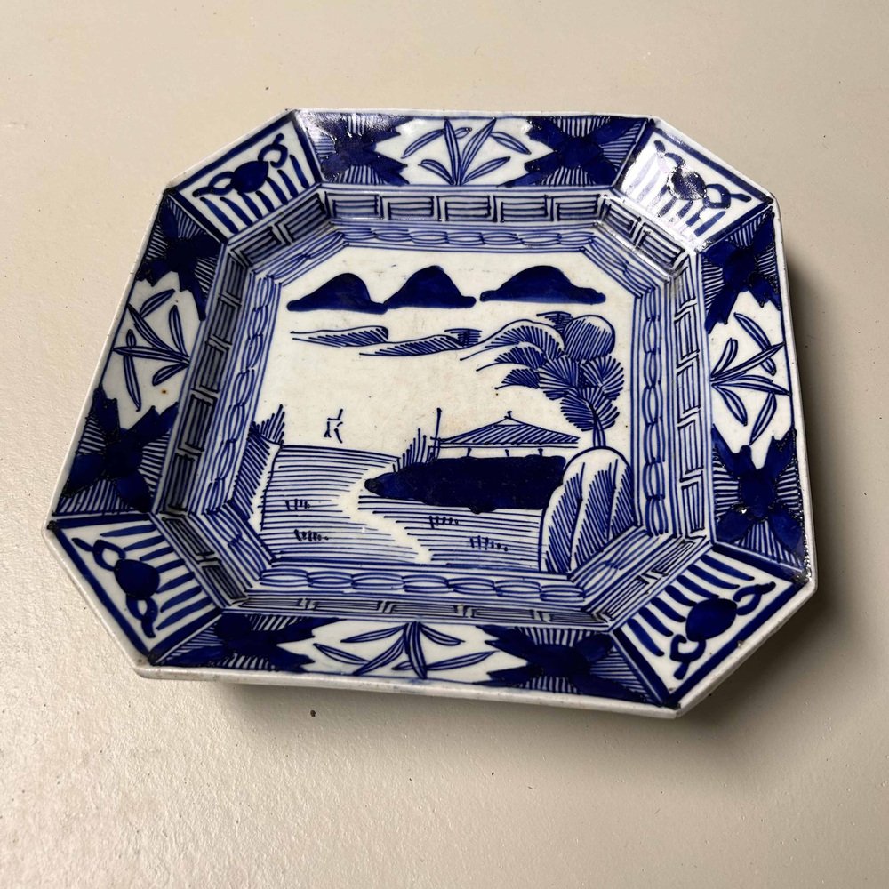 Late Edo Imari Porcelain Plate Sometsuke Dyed Sengaki Sansui, Japan