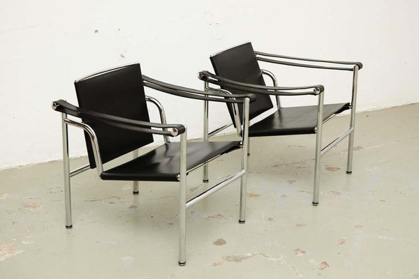 LC1 Black Leather Armchairs b Pierre Jeanneret Charlotte Perriand attributed to Le Corbusier, 1970s, Set of 4-WM-1388252