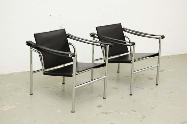 LC1 Black Leather Armchairs b Pierre Jeanneret Charlotte Perriand attributed to Le Corbusier, 1970s, Set of 4-WM-1388252