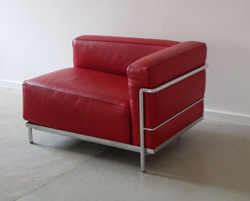 Lc3 Chaise Longue Armchair in Red Leather and Modernist Steel Structure by Le Corbusier for Cassina-QCI-2035852