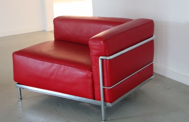 Lc3 Chaise Longue Armchair in Red Leather and Modernist Steel Structure by Le Corbusier for Cassina-QCI-2035852