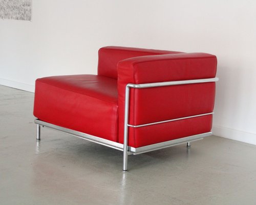 Lc3 Chaise Longue Armchair in Red Leather and Modernist Steel Structure by Le Corbusier for Cassina-QCI-2035852