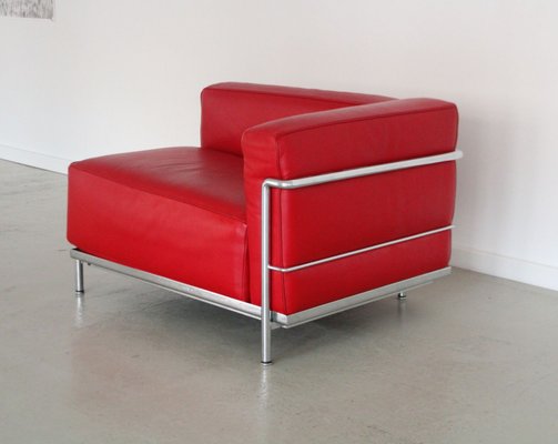 Lc3 Chaise Longue Armchair in Red Leather and Modernist Steel Structure by Le Corbusier for Cassina-QCI-2035852