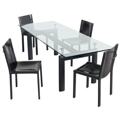 LC6 Dining Table attributed to Le Corbusier for Cassina and Chairs in Black Leather by Matteo Grassi, 1990s, Set of 5-LPQ-1781111