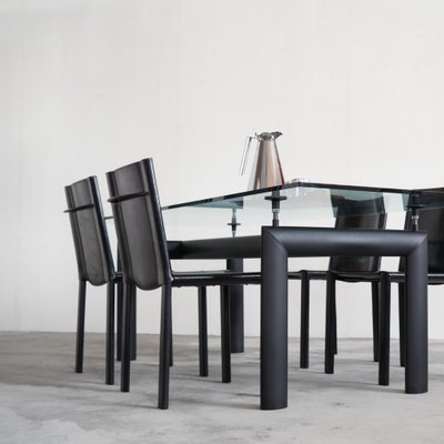 LC6 Dining Table attributed to Le Corbusier for Cassina and Chairs in Black Leather by Matteo Grassi, 1990s, Set of 5-LPQ-1781111